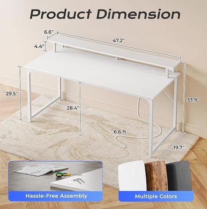 PRAISUN 48 inch Gaming Desk, LED & Power Outlets, Monitor Stand, White | Sturdy PC Desk for Home Office, Study & Work, LED Lights, 4 AC Outlets & USB-C Charging Station