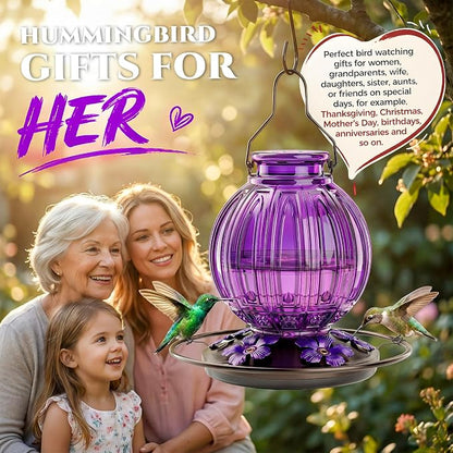 Glass Hummingbird Feeder for Outdoors Hanging, Bird Nectar Feeder with Perch & 5 Flower Feeding Ports, 26 Oz Leak Proof for Outside Garden Decor Backyard, Gifts for Women Mom, Purple