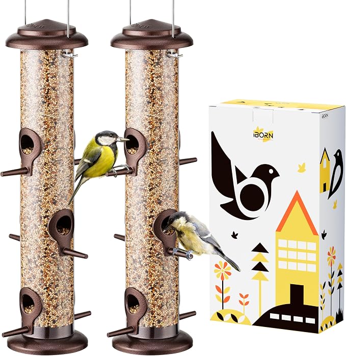 iBorn Metal Bird Feeder Hanging Wild Bird Seed Feeder for Mix Seed Blends Heavy Duty All Metal Coffee Finish,15 Inch 6 Port,Pack of 2