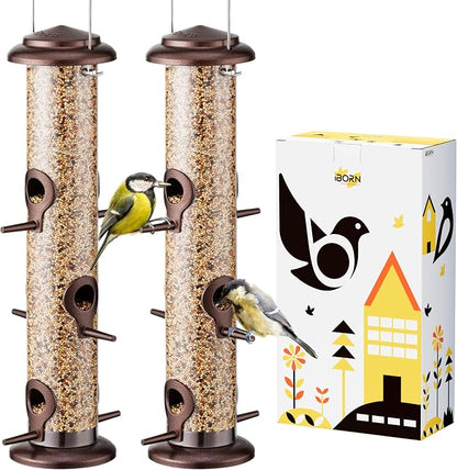 iBorn Metal Bird Feeder Hanging Wild Bird Seed Feeder for Mix Seed Blends Heavy Duty All Metal Coffee Finish,15 Inch 6 Port,Pack of 2