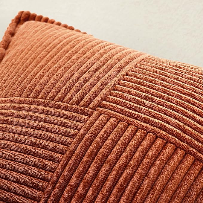 MIULEE Fall Dark Rust Decorative Throw Pillow Covers for Couch Bed Livingroom 16x16 Inch Set of 2 Boho Accent Throw Pllows Broadside Striped Patchwork Soft Corduroy Pillowcases, Terracotta