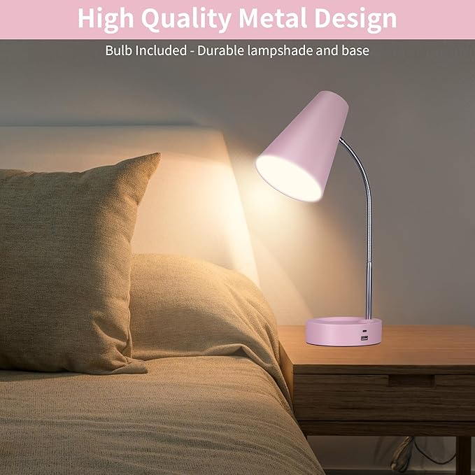 RUNTOP Pink Desk Lamp, Desk Lamps for Home Office, Desk Light for Kids, Desktop/Computer Study Lamps, Bedrooms Adjustable Gooseneck Reading Lamp with USB Port, 5 Brightness Levels, 5 Color Temperature