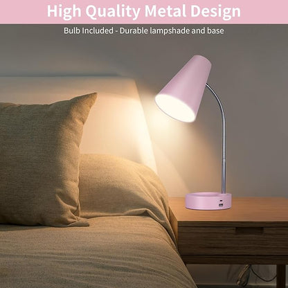 RUNTOP Pink Desk Lamp, Desk Lamps for Home Office, Desk Light for Kids, Desktop/Computer Study Lamps, Bedrooms Adjustable Gooseneck Reading Lamp with USB Port, 5 Brightness Levels, 5 Color Temperature