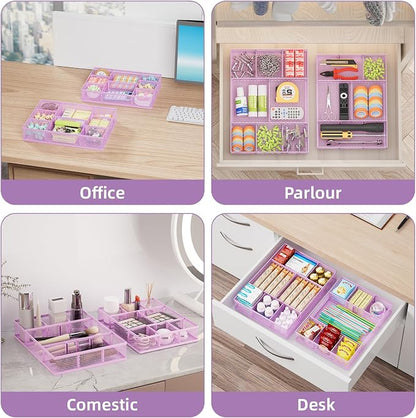 Marbrasse 2 Pack Desk Drawer Organizer, Mesh Drawer Organizer Tray with 8 Adjustable Compartments, Desk Organizers and Accessories, 5 Dividers Drawer for Office Supplies, Makeup & Vanity (Purple)