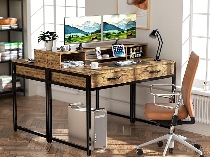 Computer Desk with Drawers, 47" Home Office Desk with Monitor Shelf, Writing Desk with Storage, Gaming Desk Work Desk Study Desk for Bedroom, Rustic Brown