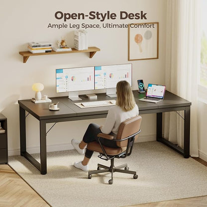 Mericonia 63x28 Inch Computer Desk w/Power Outlets, 1.2" Thick Office Table | Modern Simple Style, Heavy Duty Industrial Frame, Large Study & Writing Table for Home Bedroom Work, Black