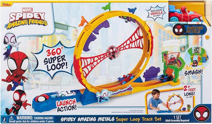Marvel Spidey and His Amazing Friends Amazing Metals Super Loop Track Set - 28-Inch Race Track with Launcher, 360 Degree Super Loop, and Exclusive Amazing Metals Vehicle