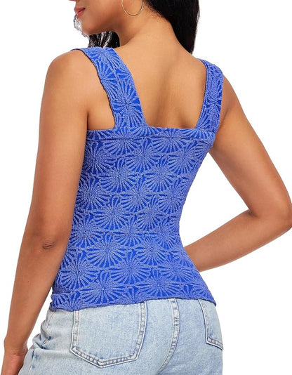Women's Square Neck Wide Strap Crop Tank Tops Flower Going Out Tops Slim Fit Lettuce Trim Crop Cami Tops