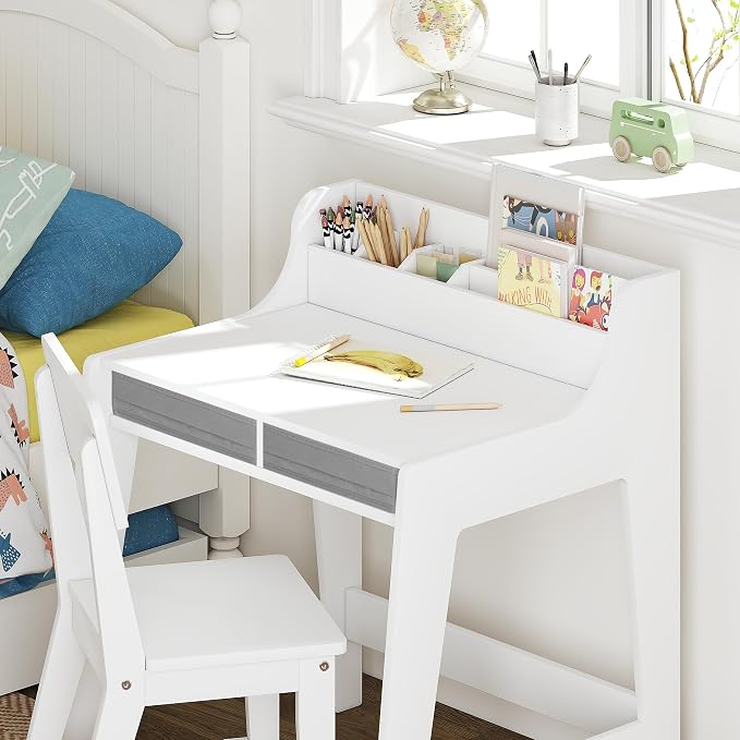 UTEX Wooden Kids Desk and Chair Set with 2 Fabrics Drawers for Study Room | Kids Study Desk with Stand-up Organizer, Water-based Paint, Student Writing Desk for Bedroom