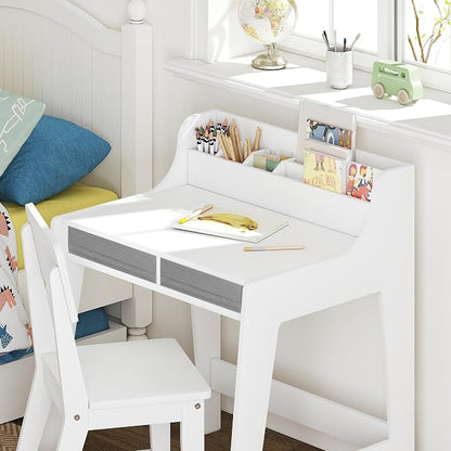 UTEX Wooden Kids Desk and Chair Set with 2 Fabrics Drawers for Study Room | Kids Study Desk with Stand-up Organizer, Water-based Paint, Student Writing Desk for Bedroom