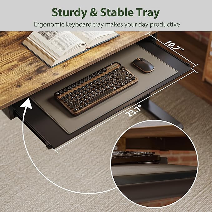 Height Adjustable Desk with Keyboard Tray, 55 x 24 Inches Electric Standing Desk, Stand up Computer Table with Memory Preset, Rustic Brown, Splice Board