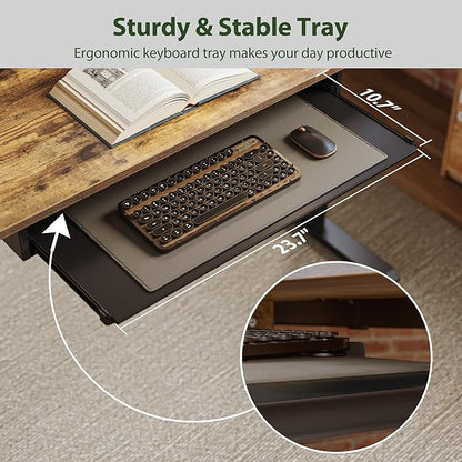 Height Adjustable Desk with Keyboard Tray, 55 x 24 Inches Electric Standing Desk, Stand up Computer Table with Memory Preset, Rustic Brown, Splice Board