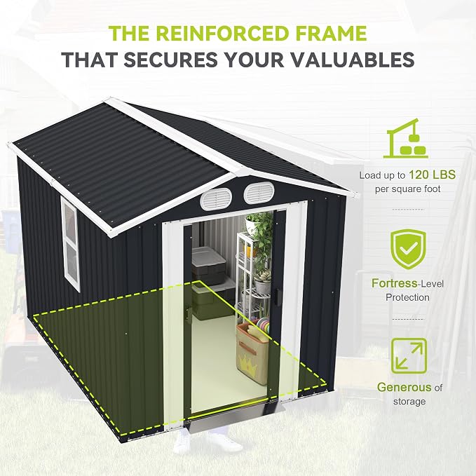 PVWIIK 8x6 ft Metal Outdoor Storage Shed with Windows & Air Vents, Lockable Waterproof All-Weather Utility Shed for Garden Tools & Trash Bins, Dark Gray