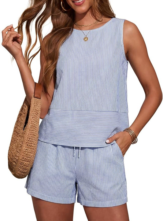 LOMON Women's Trendy 2 Piece Outfits Shorts Sets Summer Crew Neck Sleeveless Tank Top and Bottom Matching with Pockets 2026