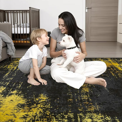 5x7 Area Rug Living Room Rug: Washable Modern Abstract Soft Thin Rug Indoor Floor No Slip Carpet for Bedroom Dining Room Farmhouse Nursery Home Office - Dark Black Gold