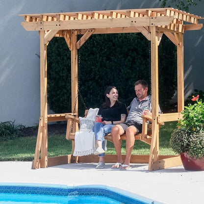 Backyard Discovery Callahan 8' x 5' Cedar Wood Outdoor Patio Pergola Swing Bench with Trellis, Two-Person Seating, Chains, Water Resistance, 600 Lb Weight Capacity for Porch, Patio, Deck, Garden