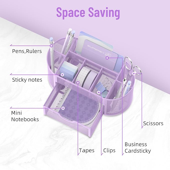 Mesh Desk Organizer with Drawer, 9-Compartment Pen Holder for Desk, Purple | Pull-Out Drawer Stores Pens, Pencils, Clips, Notes, and Small Office or School Supplies in One Compact Desk Caddy