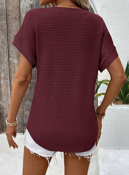 Dokotoo Womens Waffle Knit Tops 2026 Spring Summer V Neck Shirts Casual Trendy Women's Blouses Basic Tee