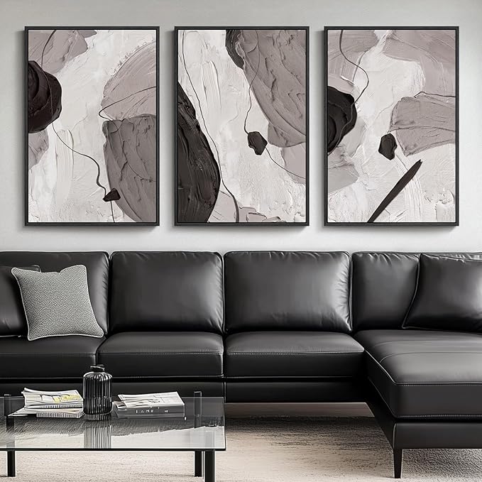 Large Framed Black and White Grey Abstract Wall Art for Living Room, 3 Piece Modern Canvas Prints Paintings Artwork for Walls, Minimalist Abstract Pictures for Hallway, Office Wall Decor 24x36 Inch