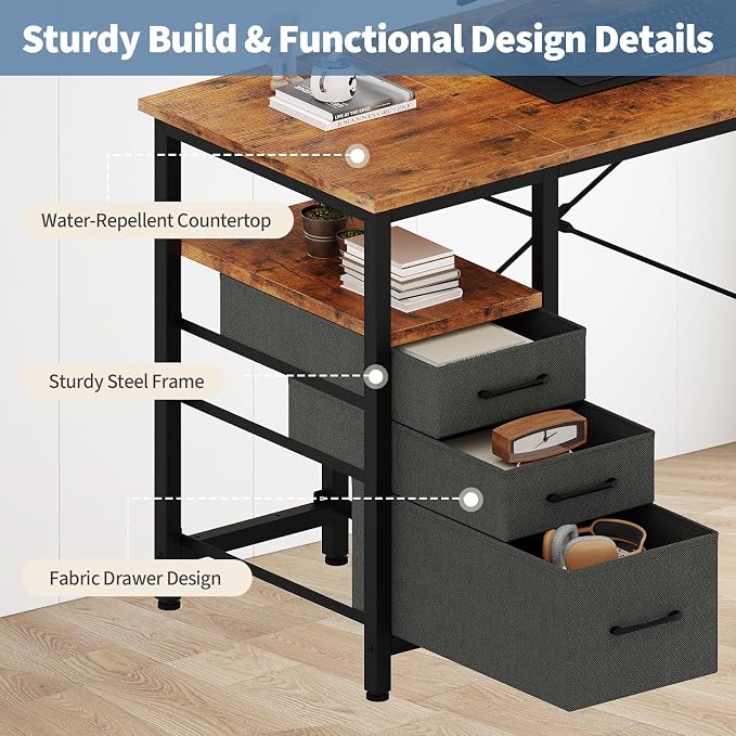 DUMOS 39 Inch Small Computer Desk with Storage, Fabric Drawers | Writing Table, Side Pocket, Space Saving Workstation, Home Office, Gaming Setup, Dorm Apartment, Rustic Brown