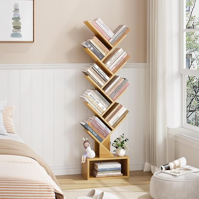 Hoctieon 9 Tier Tree Bookshelf, Tall Bookcase with Drawer, Wood Book Shelf, Modern Floor Standing Bookshelves, Book Organizer Shelves for Bedroom, Living Room, Home Office, Yellow