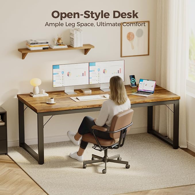 Mericonia 54 Inch Computer Desk with Power Outlets, 1.2" Thick Office Table | Modern Simple Style, Heavy Duty Industrial Frame, Study & Writing Table for Home Bedroom Work, Brown