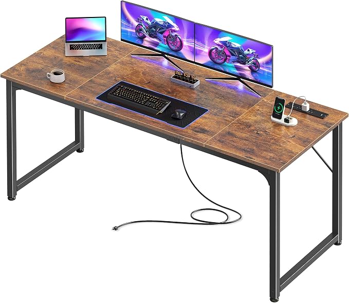 PRAISUN 63 X 24 Inch Computer Desk, Power Outlets, USB-C, Rustic Brown | Office Desk with 4 AC Outlets, USB & USB-C, Sturdy Metal Frame, Spacious Desktop for Work, Writing, Study & Gaming