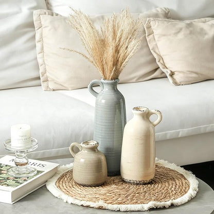 Ceramic Vases Set of 3, Neutral Rustic Farmhouse Vase with Handle, Decorative Flower Vases Home Decor Modern Boho Pampass Vase for Table Mantel Entryway Shelf Living Room Kitchen Bathroom - Ocean