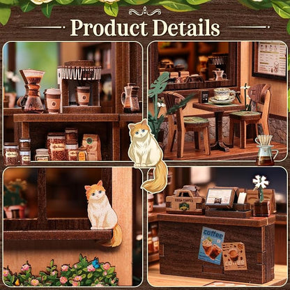 Cutebee DIY Miniature House Kit Japanese Coffee Shop Dollhouse for Adults | 3D Wooden Puzzle Model Building Kit with LED Lights, 262 Pcs Tiny House DIY Craft Home Desk Shelf Decor Gift Kissa Coffee