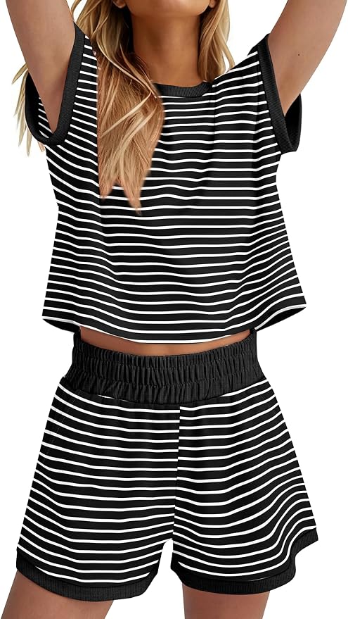 WIHOLL Two Piece Sets for Women Summer Lounge Short Sets Cap Sleeve Crew Neck Sweatsuit with Pocket XS-2XL