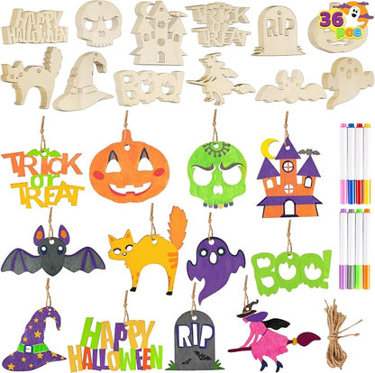 JOYIN 60 Pcs Halloween Craft Wooden Painting Kit, Halloween Party Supplies, Party Favors for Kids, Wood Blank Cutouts Ornaments, Gift Tags Decor for School Art DIY Activities Goodies Games