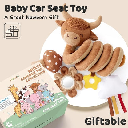 Stuffed Highland Cow Spiral Car Seat Toys for Babies 0-3-6-12 Months, Infant Stroller Toy with Mushroom Pendant & Star Teether Hanging, Cute Baby Registry Search & Shower Gifts for Newborns