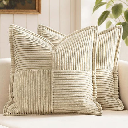 MIULEE Decorative Throw Pillow Covers for Couch Bed Livingroom 20x20 Inch Set of 2 Cream Boho Accent Throw Pllows Broadside Striped Patchwork Soft Corduroy Pillowcases