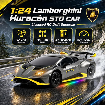 YESHIN 1：24 Lamborghini Haracan Drifting Car Gray, Lamborghini Toy Car, RC Cars for Boys Age 8-12, 2.4GHz Remote Control Car with Light