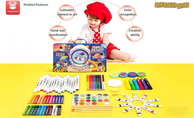 AmazeCat Art Supplies,159-Piece Deluxe Art Set,Drawing &Painting Kits for Kids,Gift Box for Adults Artists Kids Teens Girls Boys 4-12