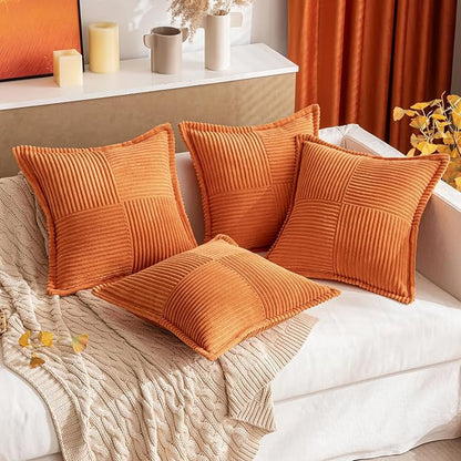 MIULEE Fall Orange Decorative Throw Pillow Covers for Couch Bed Livingroom 20x20 Inch Set of 2 Boho Accent Throw Pllows Broadside Striped Patchwork Soft Corduroy Pillowcases