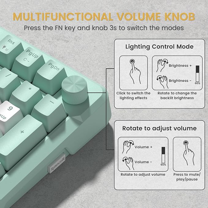 Redragon K742 Bluetooth Wireless Mechanical Gaming Keyboard with Knob | BT5.0/2.4GHz/USB C Creamy Keyboard with Number Pad for PC Computer, RGB Backlits, Hot-Swappable with Linear Switches (Green)
