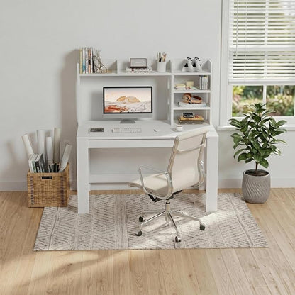 WINAZ White Desk with Hutch and Power Outlet, 43 Inch Small Space Computer Writing Desk with Storage Shelves, Modern Home Office Workstation for Bedroom Dorm