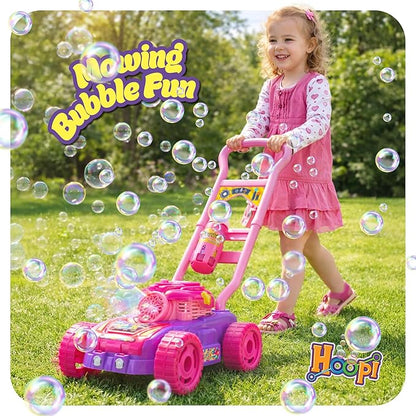 Hoopi Extreme Bubble Lawn Mower for Toddlers 1-3, Spill-Proof Kids Bubble Machine with Lights for 2-Year-Old Girl Birthday Gift, Bubbles Blowing Push Toddler Outdoor Toys for Ages 2-4 with 3 Bottles