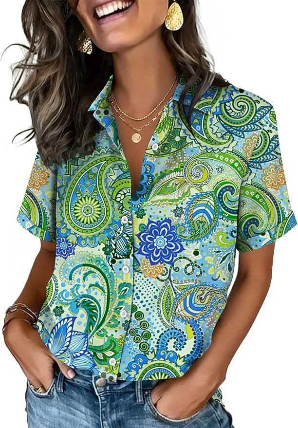 Zeagoo Button Down Shirts for Women Short Sleeve Collared Tops Dressy Casual V Neck Blouses