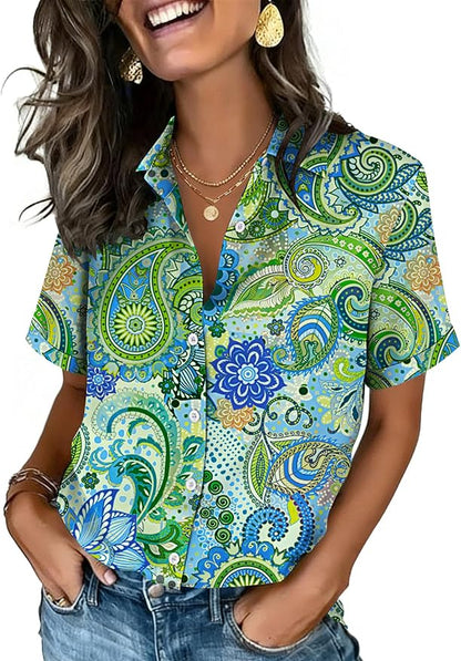 Zeagoo Button Down Shirts for Women Short Sleeve Collared Tops Dressy Casual V Neck Blouses