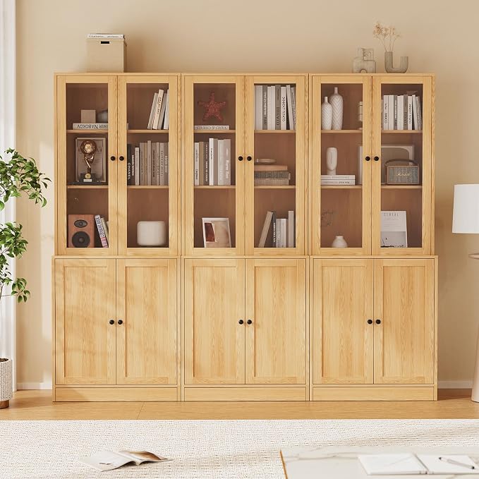TUSY 71'' Bookshelf with Doors - 5 Tier Freestanding Tall Bookcase, Modern Storage Cabinet for Home Office, Curio Cabinets with Glass Door for Living Room, Bedroom (2, Wood)
