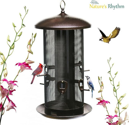 Nature's Rhythm Metal Hopper Bird Feeder Two Chambers，Heavy Duty Mesh Metal Dual Seed Compartments Outdoor Hanging Wild Bird Feeder with 10 Feeding Ports,10lbs Seed Capacity