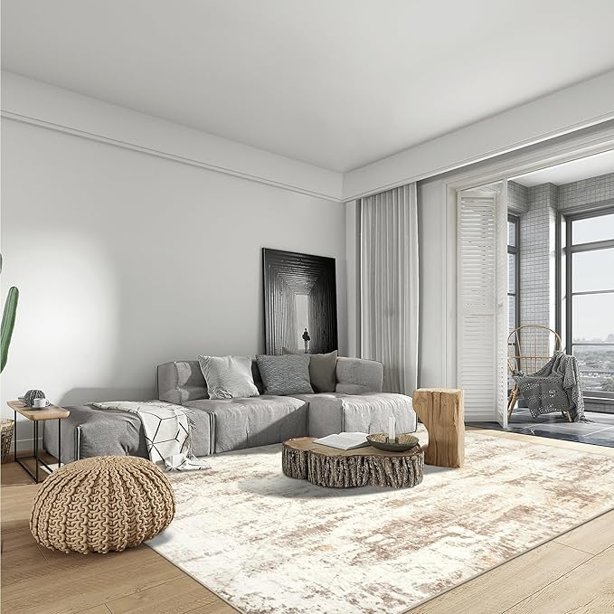 9x12 Area Rugs Washable Rug: Modern Abstract Living Room Rug Soft Anti-Skid Thin Carpet Indoor Floor Non-Shedding Carpets for Bedroom Dining Room Farmhouse Nursery Home Office Beige Grey