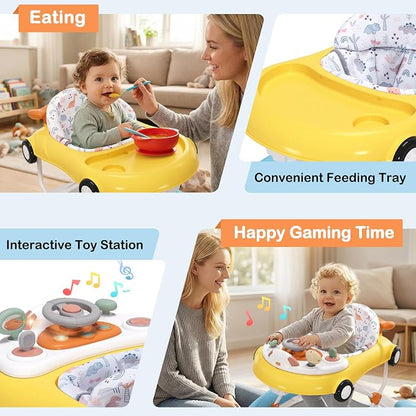 5-in-1 Convertible Baby Walker with Steering Wheel Music Activity Center – Infant Rocker, Jumper, Push Walker, Bouncer & Feeding Foldable Walker for Ages 6-18 Months Boys Girls (Yellow Blue)