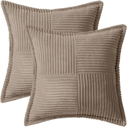 MIULEE Decorative Throw Pillow Covers for Couch Bed Livingroom 18x18 Inch Set of 2 Light Brown Boho Accent Throw Pllows Broadside Striped Patchwork Soft Corduroy Pillowcases