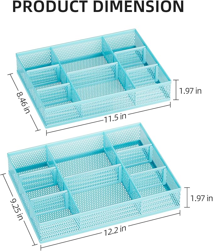 Marbrasse 2 Pack Desk Drawer Organizer, Mesh Drawer Organizer Tray with 8 Adjustable Compartments, Desk Organizers and Accessories, 5 Dividers Drawer for Office Supplies, Makeup & Vanity (Blue)