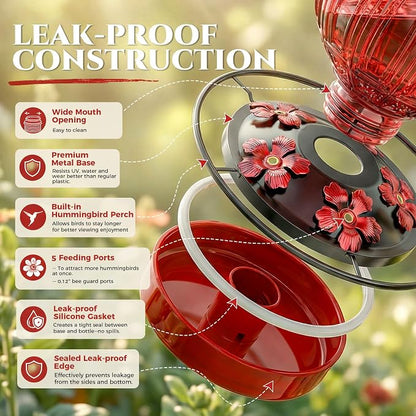 2 Pack Glass Hummingbird Feeder for Outdoors Hanging, Bird Nectar Feeder with Perch & 5 Flower Feeding Ports, 26 Oz Leak Proof for Outside Garden Decor Backyard, Gifts for Women Mom, Red