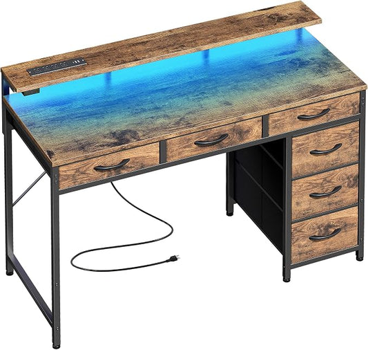Huuger Gaming Desk with 6 Drawers, Computer Desk with LED Lights Power Outlets and Type-C, 39 Inch Office Desk with Storage, Monitor Stand, Writing Work Desk Home Office, Study, Rustic Brown