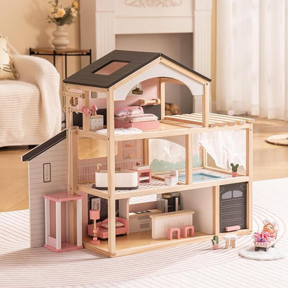 ROBUD Doll House, Wooden Dollhouse with 6 Rooms, 29-pcs Furniture Set, Working Elevator, Garage, Swimming Pool, Ideal Gift for Kids Ages 3+ (Black)